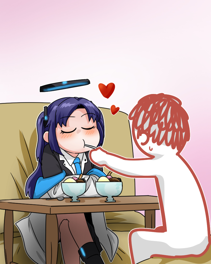 1boy 1girl arona's_sensei_doodle_(blue_archive) blazer blue_archive blue_necktie c/h collared_shirt commentary_request feeding halo heart holding holding_spoon jacket long_hair long_sleeves mixed-language_commentary necktie parted_bangs purple_hair school_uniform sensei_(blue_archive) shirt sidelocks spoon sweatdrop white_shirt yuuka_(blue_archive)
