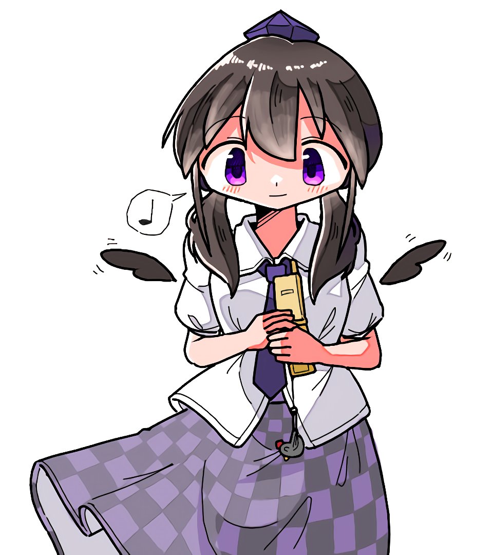 1girl black_skirt black_wings brown_hair cellphone checkered_clothes checkered_skirt closed_mouth collared_shirt cowboy_shot feathered_wings flip_phone hat himekaidou_hatate holding holding_phone kasuya_baian light_smile long_hair looking_at_viewer medium_skirt musical_note necktie phone puffy_short_sleeves puffy_sleeves purple_headwear purple_necktie purple_skirt shirt short_sleeves simple_background skirt solo spoken_musical_note standing tareme tokin_hat touhou twintails violet_eyes white_background white_shirt wings