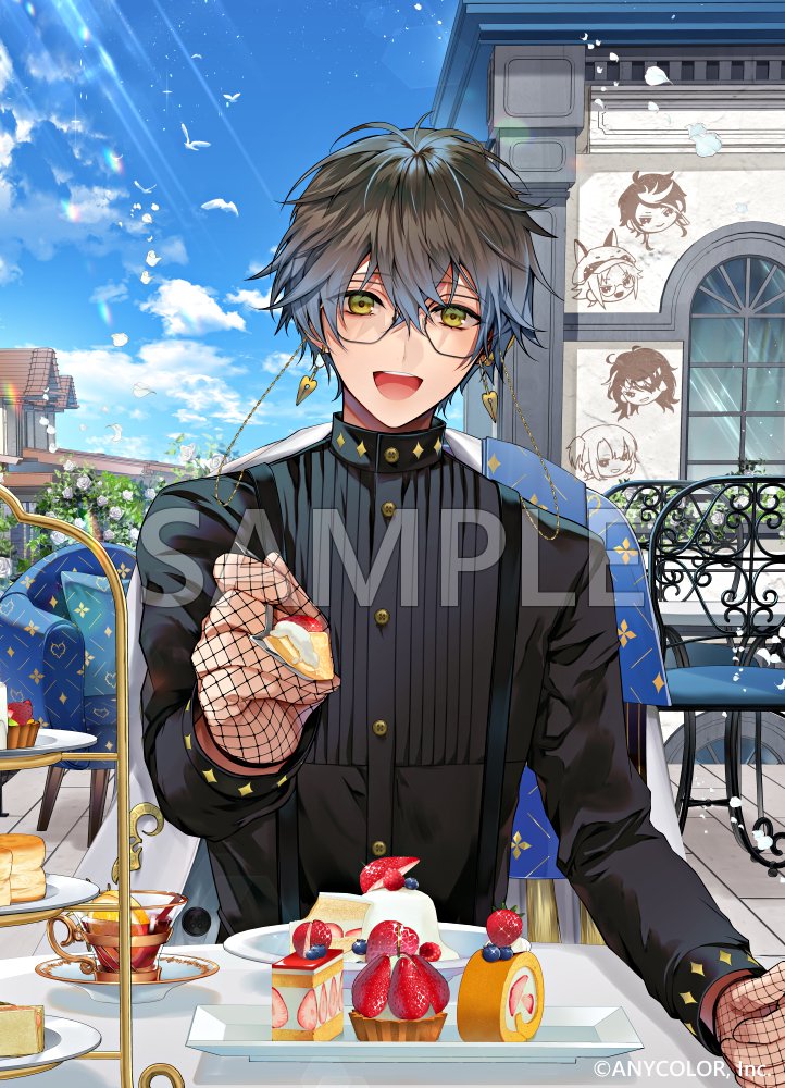 1boy :d black_shirt blue_hair buttons cake coat coat_removed copyright cup day earrings eyewear_strap fishnet_gloves fishnets food food_request fruit_tart glasses gloves gradient_hair green_eyes green_hair grey_hair hair_between_eyes holding holding_spoon ike_eveland ike_eveland_(1st_costume) incoming_food jewelry long_sleeves looking_at_viewer male_focus multicolored_hair nijisanji nijisanji_en official_art open_mouth pov_across_table sample_watermark saucer shirt smile solo spoon strawberry_shortcake suspenders swiss_roll tart_(food) tcb teacup teeth turtleneck upper_body upper_teeth_only virtual_youtuber white_coat