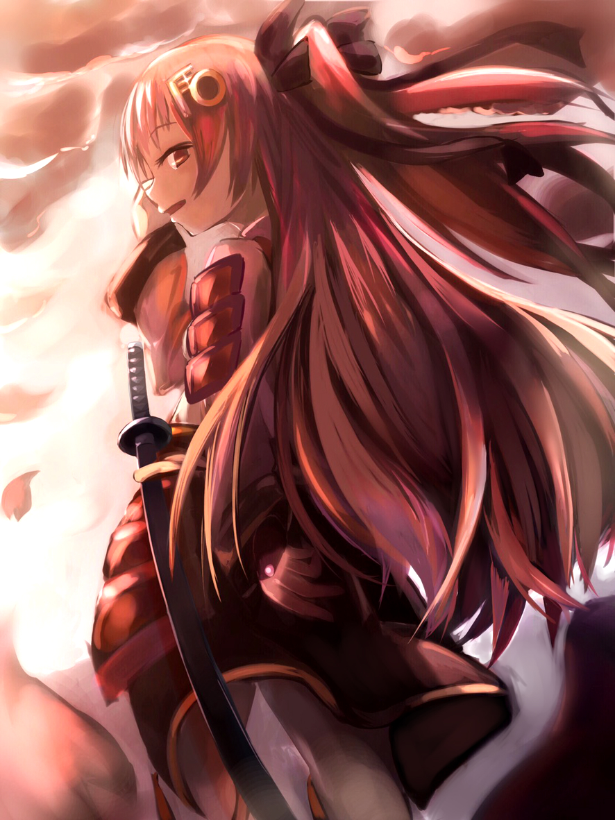 1girl armor clouds floating_hair hair_ornament half-closed_eyes hamu111 hand_up japanese_armor japanese_clothes jouizumi_masamune katana kimono long_hair looking_back open_mouth red_eyes redhead sheath sheathed shoulder_armor solo sunset sword tenka_hyakken twintails waist_cape weapon wide_sleeves