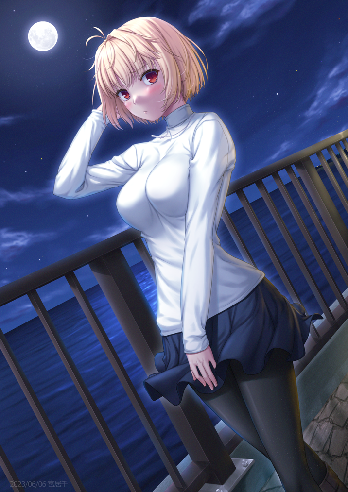 1girl antenna_hair arcueid_brunestud belt_boots black_pantyhose blonde_hair blue_skirt blush boots breasts clouds dated dutch_angle full_moon hand_up jewelry large_breasts miniskirt miyai_sen moon necklace night ocean outdoors pantyhose pleated_skirt railing red_eyes reflection reflective_water shore short_hair skirt sky solo standing star_(sky) starry_sky sweater tsukihime tsukihime_(remake) turtleneck white_sweater