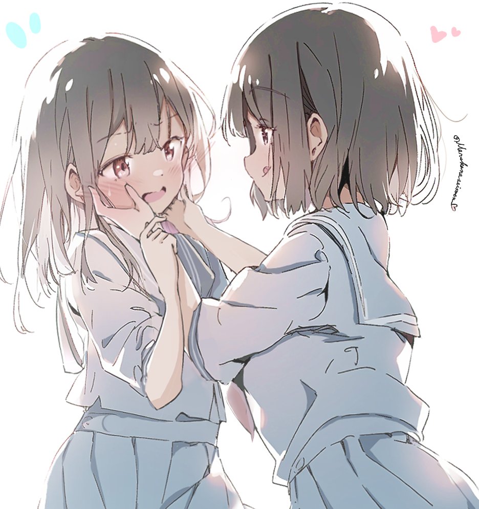 2girls backlighting blue_sailor_collar blue_serafuku blue_shirt blue_skirt blush brown_eyes brown_hair commentary_request cowboy_shot eye_contact hand_on_another's_cheek hand_on_another's_face hands_on_another's_face licking_lips long_hair looking_at_another marukana_seimen multiple_girls open_mouth original pleated_skirt sailor_collar school_uniform serafuku shirt short_hair short_sleeves sidelocks simple_background skirt sweatdrop tongue tongue_out twitter_username white_background yuri