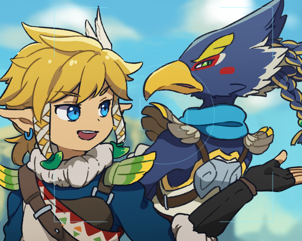2boys annoyed armor beak bird_boy black_gloves blonde_hair blue_background blue_eyes blue_fur blue_hair blue_scarf blue_shirt blue_sky blurry blurry_background blush_stickers body_fur braid breastplate clouds commentary_request crossed_arms day earrings feather_hair_ornament feathers fingerless_gloves from_behind fur-trimmed_gloves fur-trimmed_shirt fur_collar fur_trim furry furry_male gloves green_eyes hair_ornament hair_tubes half-closed_eyes hand_up happy jewelry link long_sleeves looking_at_another looking_at_viewer male_focus multiple_boys open_mouth outdoors partial_commentary pointy_ears profile quad_tails revali rito scarf shirt short_hair shoulder_pads sidelocks sky smile snowquill_set_(zelda) teeth the_legend_of_zelda the_legend_of_zelda:_breath_of_the_wild two-tone_fur ukata upper_body v-shaped_eyebrows viewfinder white_feathers white_fur