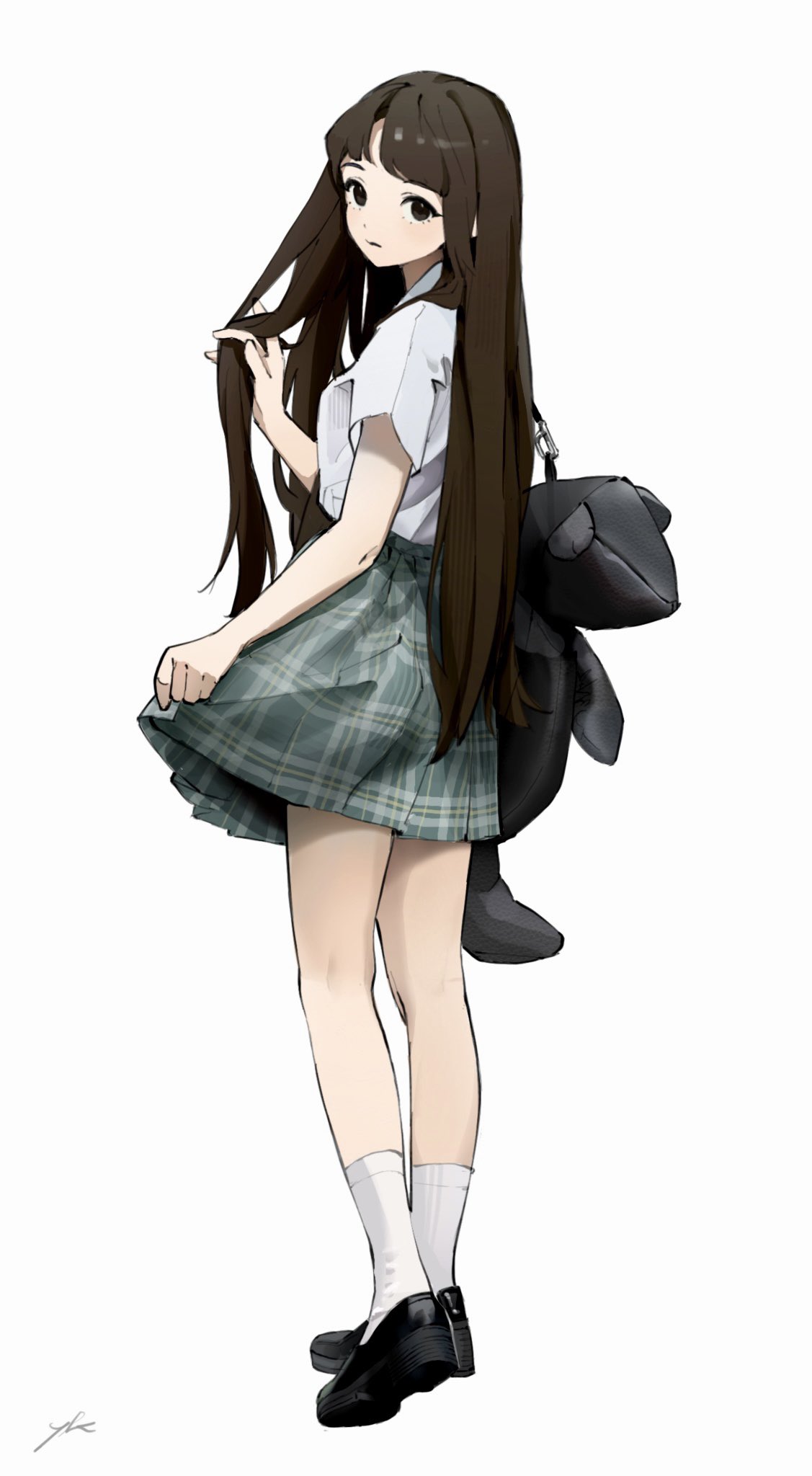 1girl animal_bag bag black_footwear brown_hair commentary english_commentary full_body green_skirt hand_in_own_hair hand_up highres kimura_731 loafers long_hair looking_at_viewer looking_back miniskirt original plaid plaid_skirt school_uniform shirt shoes short_sleeves signature simple_background skirt skirt_hold socks solo standing straight_hair very_long_hair white_background white_shirt white_socks