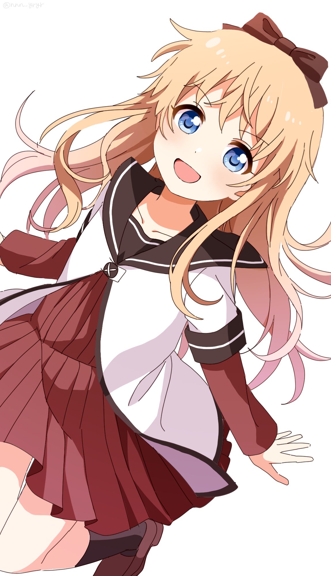 1girl :d black_socks blonde_hair blue_eyes blush bow brown_bow brown_footwear brown_sailor_collar commentary dress hair_bow highres layered_sleeves loafers long_hair long_sleeves looking_at_viewer nanamori_school_uniform nnn_yryr open_mouth pleated_dress red_dress sailor_collar sailor_dress school_uniform shirt shoes short_over_long_sleeves short_sleeves simple_background smile socks solo symbol-only_commentary toshinou_kyouko white_background white_shirt yuru_yuri