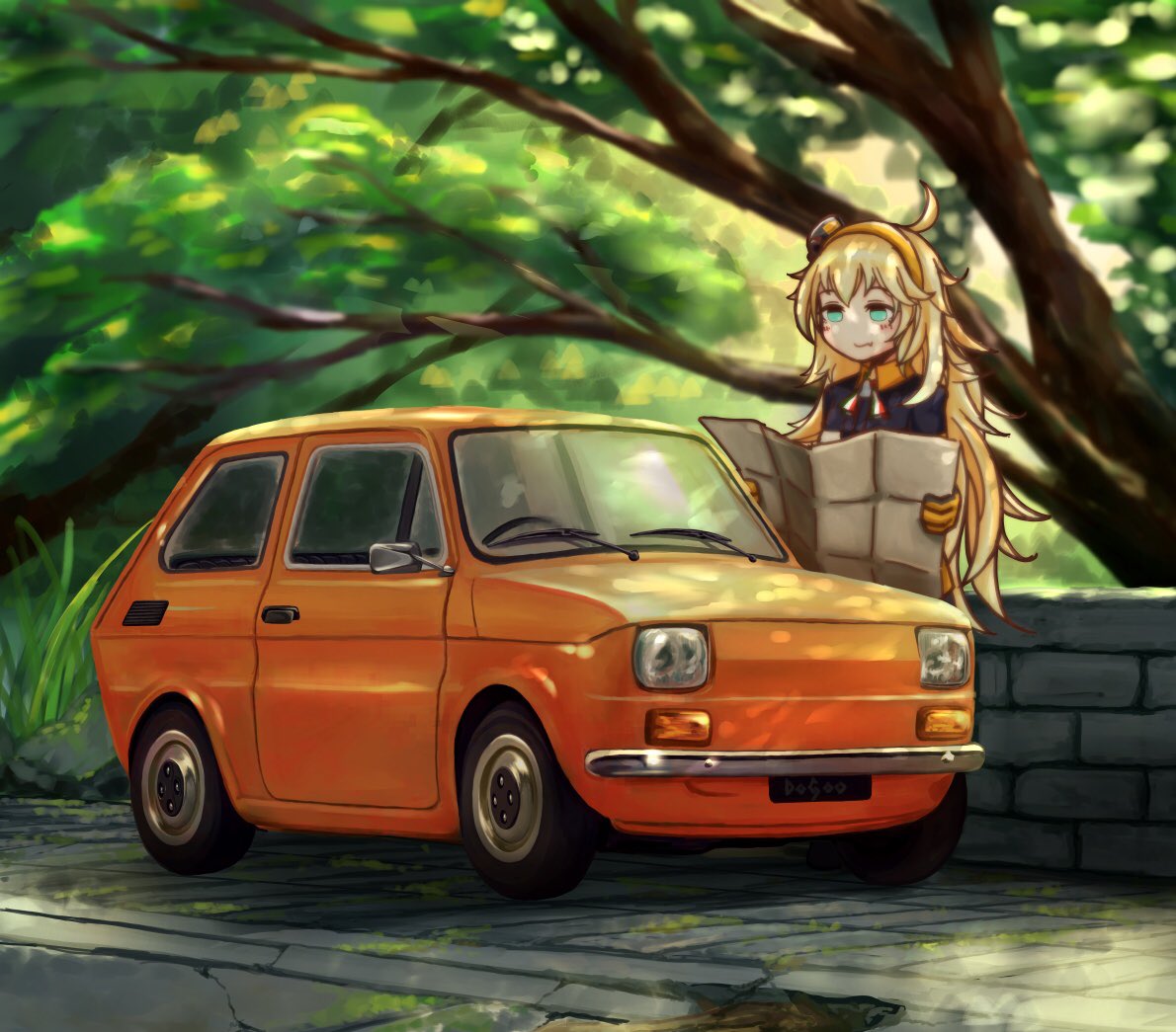 1girl ahoge aqua_eyes blonde_hair car commentary dappled_sunlight fang fiat fiat_126 girls_frontline gloves hairband holding holding_map long_hair map massabou2 messy_hair motor_vehicle outdoors s.a.t.8_(girls'_frontline) skin_fang solo stone_wall sunlight tree upper_body vehicle_focus very_long_hair wall yellow_gloves