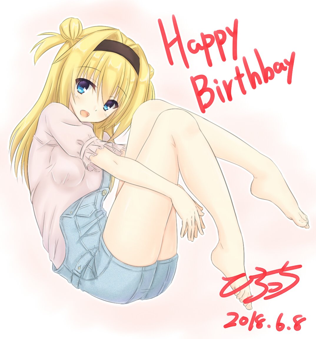 1girl 2018 :d barefoot black_hairband blonde_hair blue_eyes blue_overalls breasts chitose_sana commentary_request dated double_bun feet frilled_sleeves frills from_side full_body hair_between_eyes hair_bun hair_intakes hairband happy happy_birthday hirocchi hugging_own_legs knees_together_feet_apart legs long_hair looking_at_viewer open_mouth overall_shorts overalls pink_background pink_shirt shirt signature simple_background sitting small_breasts smile solo tenshinranman thighs toes two_side_up