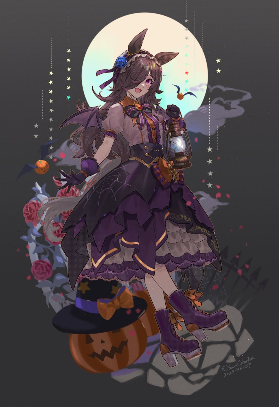 1girl animal_ears bat_wings boots bow bowtie breasts brooch brown_hair center_frills collared_shirt dated fang frilled_hairband frills full_body gloves hairband high-waist_skirt high_heel_boots high_heels highres horse_ears horse_girl horse_tail jack-o'-lantern jewelry kerosene_lamp lantern layered_skirt long_hair open_mouth purple_footwear purple_gloves rice_shower_(make_up_vampire!)_(umamusume) rice_shower_(umamusume) shirt shirt_tucked_in short_sleeves skirt small_breasts smile solo tail twitter_username umamusume violet_eyes wings youmicitrustea
