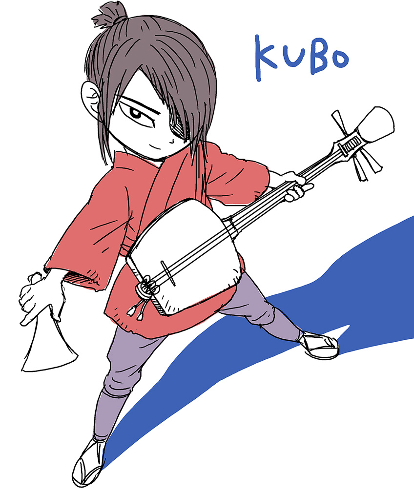 1boy 2017 black_hair commentary_request english_text eyepatch hair_over_one_eye holding holding_instrument instrument kubo_(kubo_and_the_two_strings) kubo_and_the_two_strings kumagai_haito looking_at_viewer red_robe robe sandals shadow shamisen smile solo solo_focus white_background