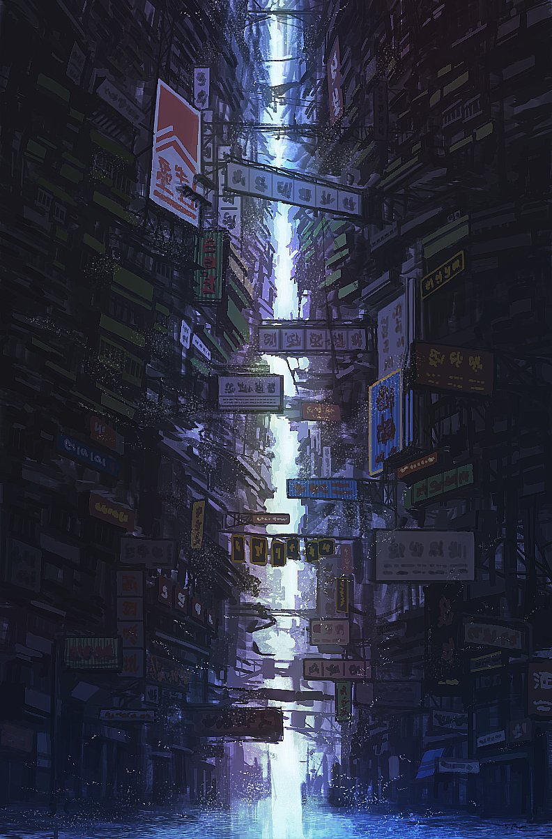 chinese_text city cityscape highres j.taneda morbid no_humans original road road_sign scenery sign street vanishing_point