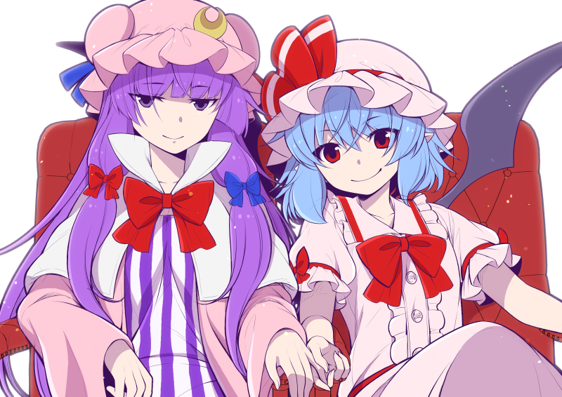 2girls bat_wings blue_hair blunt_bangs bob_cut bow buttons chair crescent eichi_yuu embodiment_of_scarlet_devil frilled_skirt frills hair_between_eyes hair_bow hat interlocked_fingers long_hair long_sleeves mob_cap multiple_girls nightgown patchouli_knowledge pointy_ears puffy_sleeves purple_hair red_eyes remilia_scarlet short_hair short_sleeves sitting skirt smile striped touhou vampire vertical_stripes violet_eyes white_background wings