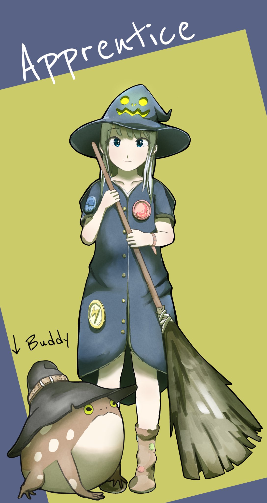 1girl 1other animal blonde_hair blue_background blue_eyes boots border bracelet broom brown_footwear english_text frog full_body hat highres holding holding_broom jewelry light_smile looking_at_viewer medium_hair original simple_background witch witch_hat yellow_background zawa_zawa_ya
