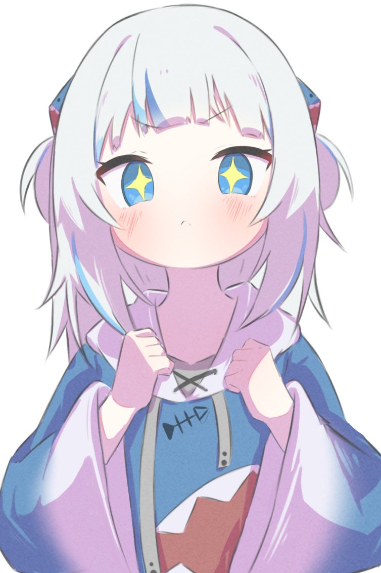 +_+ 1girl :&lt; blue_eyes blue_hair blush clenched_teeth gawr_gura hair_ornament hololive hololive_english hood hood_down hoodie inaririn long_sleeves looking_at_viewer medium_hair multicolored_hair shark_hair_ornament simple_background solo streaked_hair teeth upper_body white_background white_hair