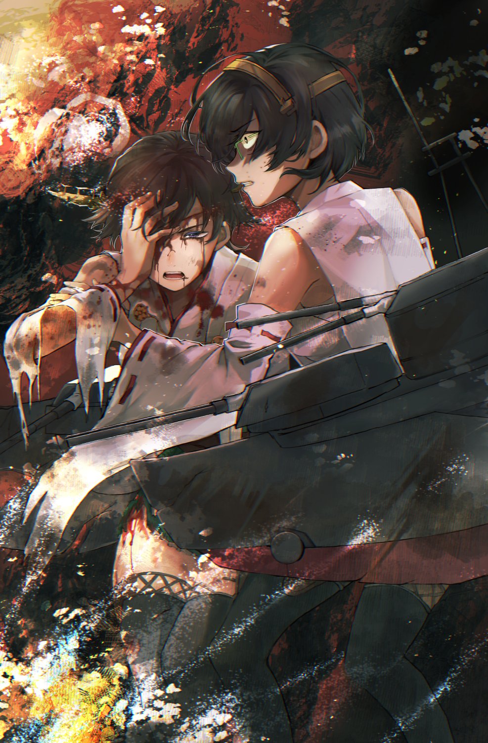 2girls ahoge bare_shoulders bleeding blood blood_on_face brown_hair detached_sleeves explosion fire glasses hagioshi hair_ornament hairband headgear hiei_(kancolle) highres injury japanese_clothes kantai_collection kirishima_(kancolle) multiple_girls nontraditional_miko open_mouth short_hair skirt smoke thigh-highs torn_clothes