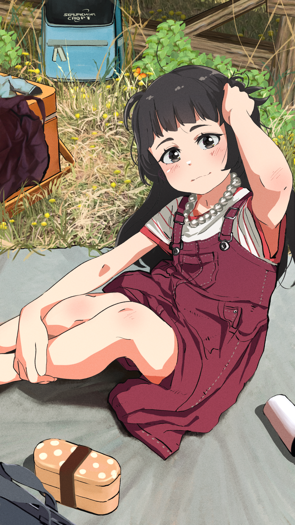 1girl adjusting_hair arm_up armpits artist_name backpack backpack_removed bag bento black_hair blanket blue_bag blunt_bangs blush brown_eyes casual closed_mouth commentary cooler day dress elbow_blush eyelashes feet_out_of_frame fence film_grain flower from_above from_side grass hand_on_own_head hand_on_own_leg hands_on_ground head_tilt highres ira_(servachok) jewelry knee_blush leaning_back light_smile long_hair looking_at_viewer looking_up messy_hair necklace original outdoors pearl_necklace picnic pinafore_dress red_dress red_shirt russian_commentary servachok shirt short_sleeves sitting sleeveless sleeveless_dress smile solo t-shirt two-tone_shirt white_shirt yellow_flower