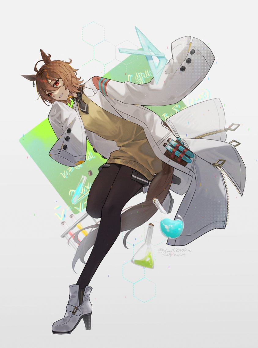 1girl agnes_tachyon_(umamusume) ahoge animal_ears black_necktie black_pantyhose boots brown_hair collared_shirt dated erlenmeyer_flask flask full_body grey_background high_heels horse_ears horse_girl horse_tail lab_coat long_sleeves looking_at_viewer necktie open_mouth pantyhose red_eyes round-bottom_flask ruler set_square shirt short_hair short_necktie sleeves_past_fingers sleeves_past_wrists smile solo tail test_tube twitter_username umamusume white_footwear youmicitrustea