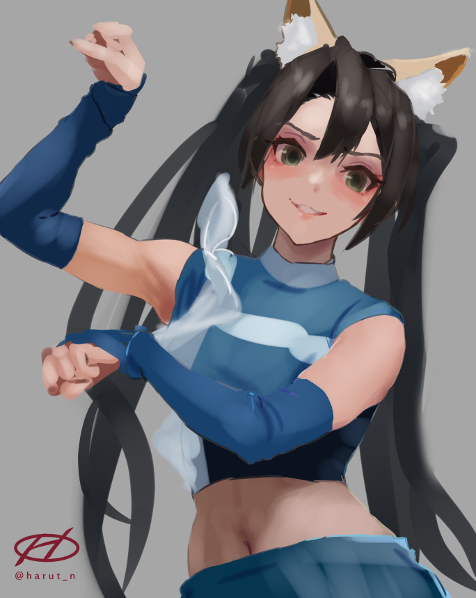 1girl animal_ears artist_logo black_hair blue_shirt blue_skirt cheerleader crop_top detached_sleeves fake_animal_ears fox_ears grey_background grey_eyes haruto_(harut_n) kantai_collection kitsune_dance layered_skirt midriff navel official_alternate_costume one-hour_drawing_challenge parted_lips paw_pose shirt skirt sleeveless sleeveless_shirt smile solo upper_body zuikaku_(kancolle)