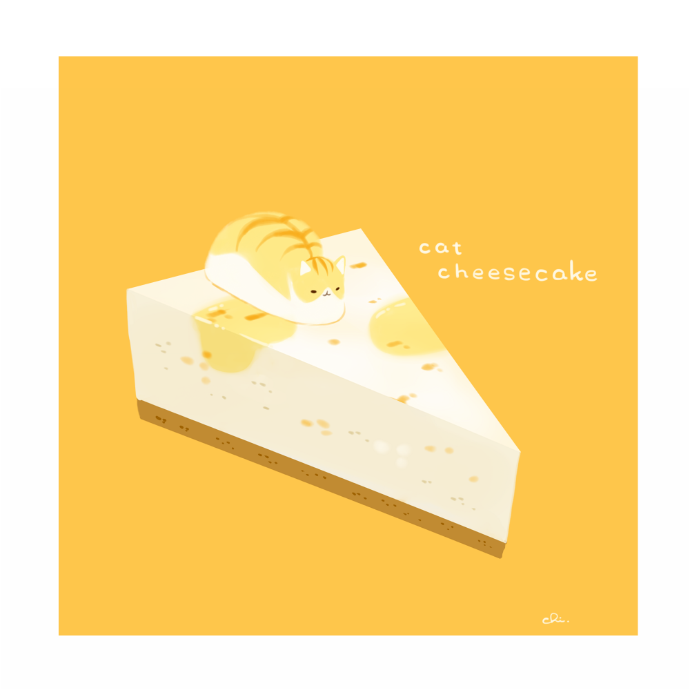 border chai_(drawingchisanne) cheesecake commentary_request english_text food food_focus mike_(chai) no_humans original signature sitting_on_food tiger undersized_animal white_border yellow_background