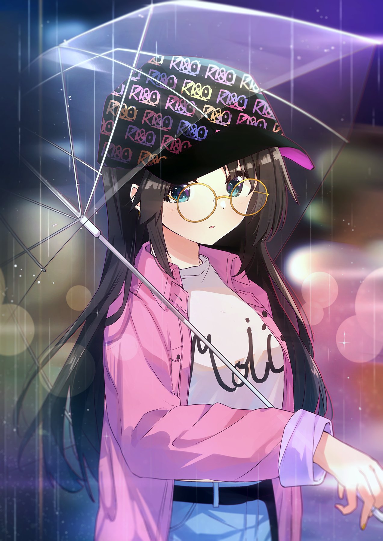 1girl baseball_cap belt black_belt black_hair black_headwear blue_eyes blurry blurry_background blush breasts closed_mouth denim dot_nose earrings glasses hat highres holding holding_umbrella idolmaster idolmaster_shiny_colors jacket jewelry lens_flare long_hair long_sleeves looking_at_viewer mitsumine_yuika open_clothes open_jacket parted_lips pink_jacket print_shirt qs11 rain round_eyewear shirt small_breasts solo transparent transparent_umbrella umbrella water_drop white_shirt