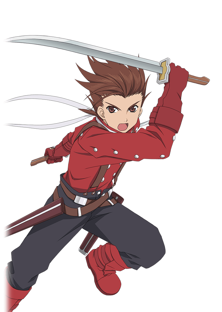 1boy boots brown_eyes brown_hair buttons english_commentary gauntlets gloves holding holding_weapon lloyd_irving male_focus official_art open_mouth pants red_footwear red_gloves solo spiky_hair tales_of_(series) tales_of_asteria tales_of_symphonia transparent_background weapon