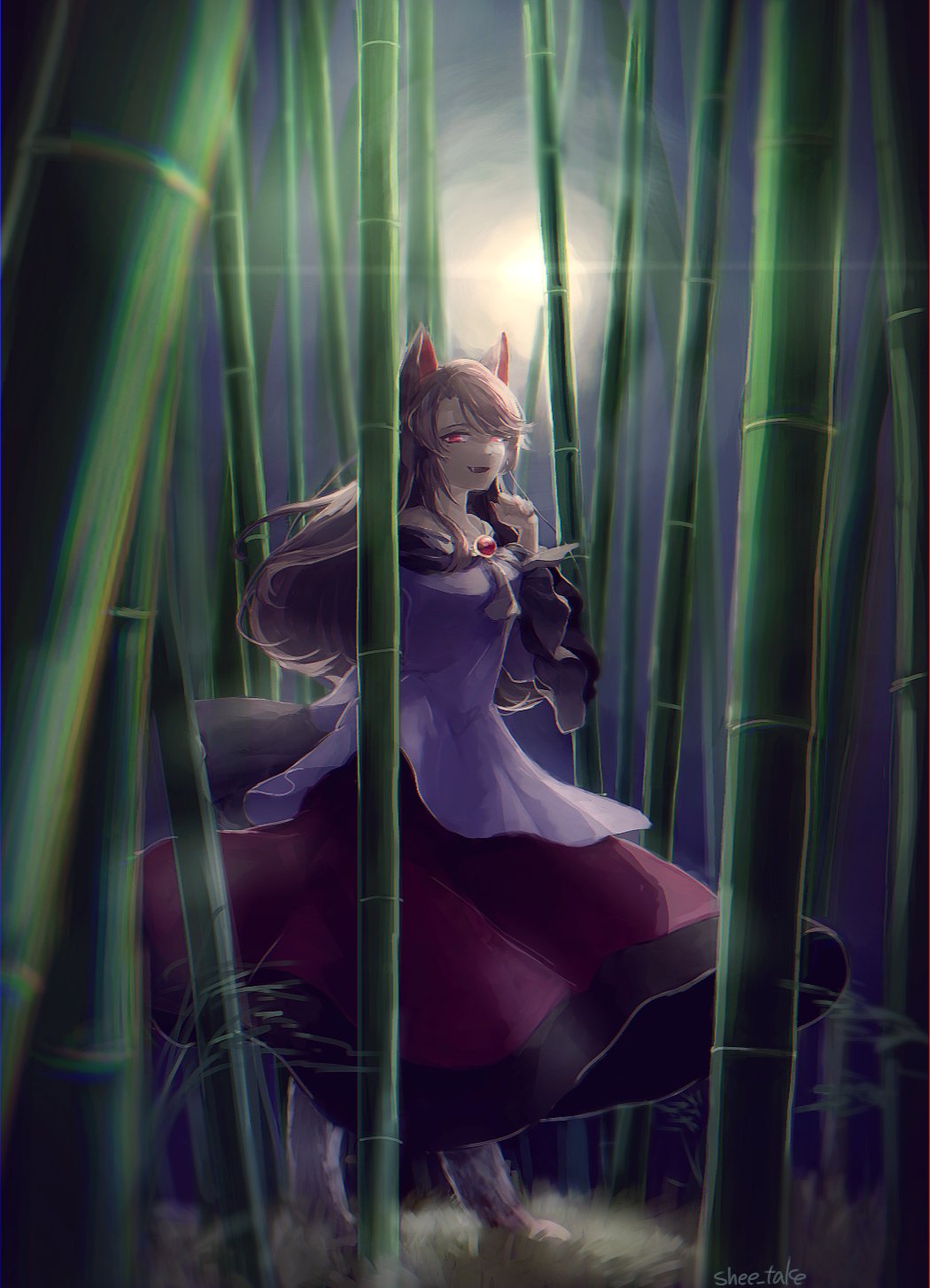 1girl artist_name bamboo bamboo_forest brown_hair forest grass highres imaizumi_kagerou long_hair looking_at_viewer moon moonlight nature night red_eyes shee_take signature solo touhou werewolf