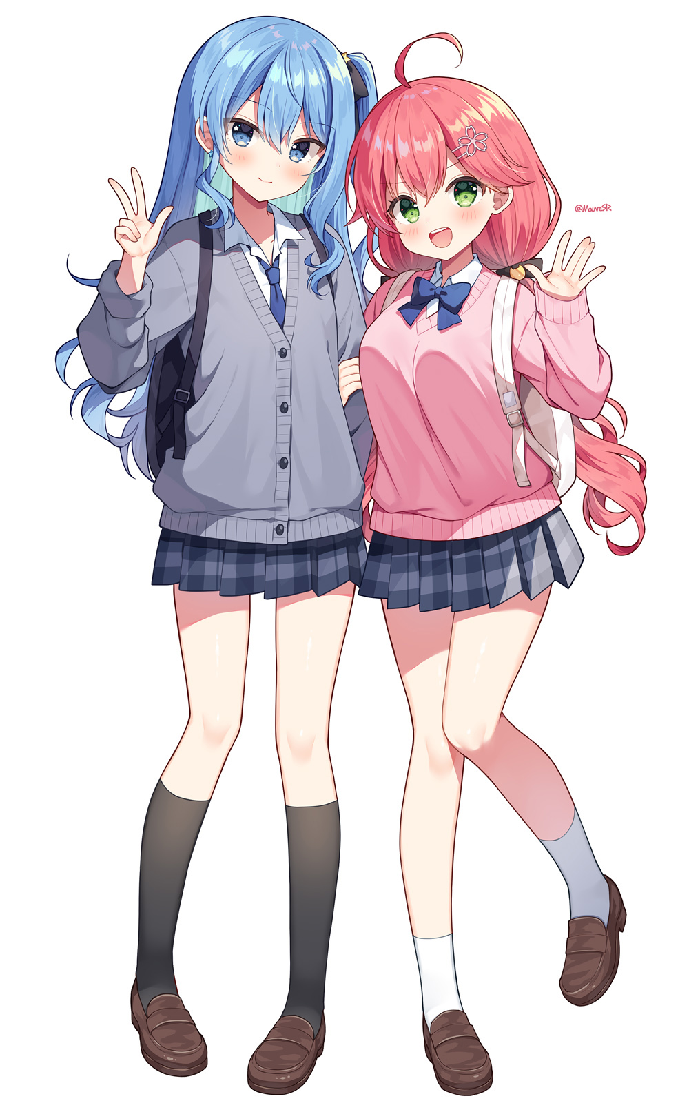 2girls :d ahoge arm_hug backpack bag black_bow black_socks blue_bow blue_eyes blue_hair blue_necktie blush bow breasts brown_footwear cardigan closed_mouth collared_shirt commentary green_eyes grey_cardigan grey_skirt hair_between_eyes hair_bow hair_ornament hairclip hand_up highres hololive hoshimachi_suisei kneehighs loafers long_sleeves low_twintails mauve medium_breasts multiple_girls necktie pink_sweater plaid plaid_skirt pleated_skirt redhead sakura_miko school_uniform shirt shoes simple_background skirt sleeves_past_wrists smile socks standing standing_on_one_leg sweater twintails twitter_username v virtual_youtuber white_background white_shirt white_socks