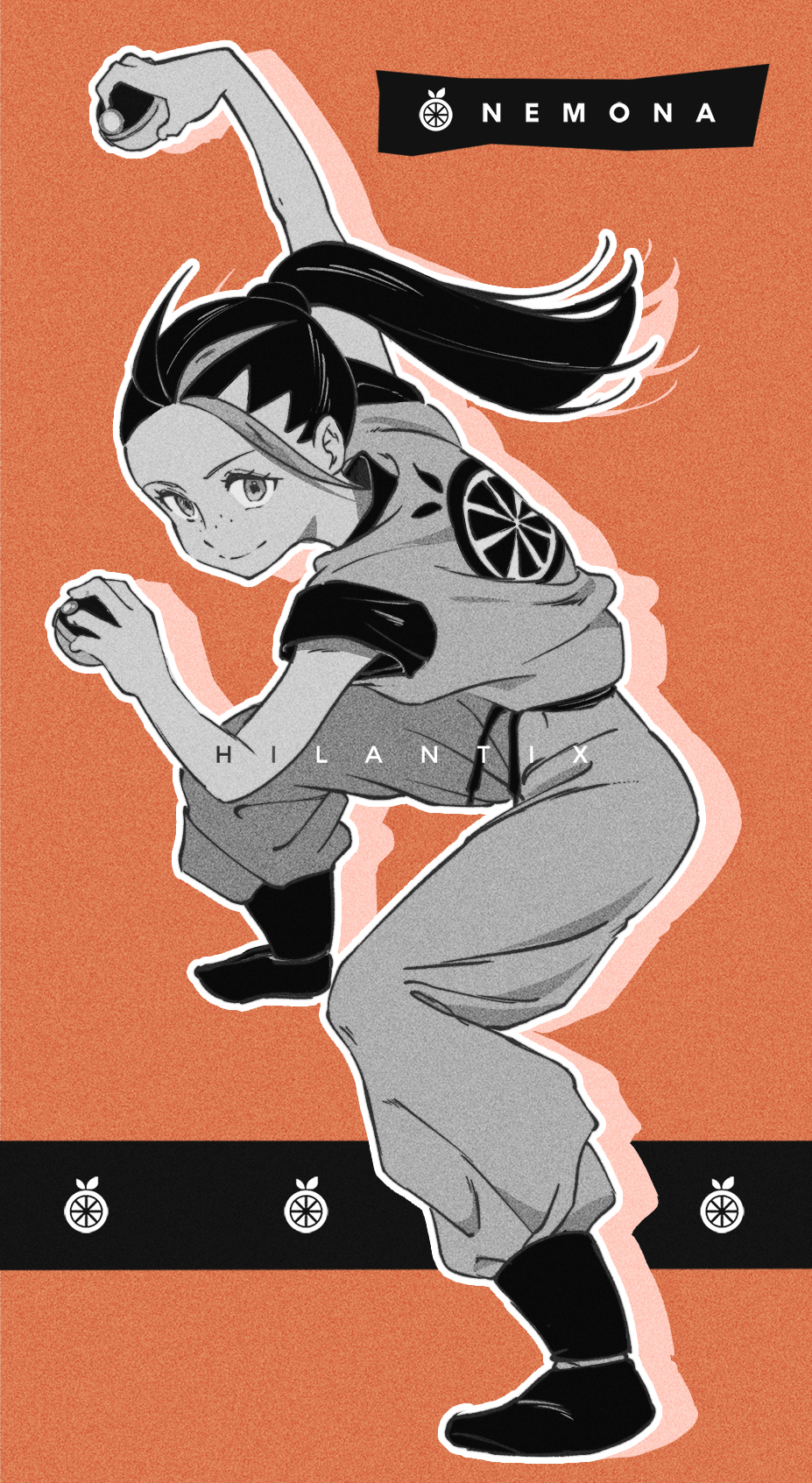 1girl artist_name black_hair boots dougi dragon_ball dual_wielding fighting_stance greyscale_with_colored_background highres hilantix holding multicolored_hair nemona_(pokemon) poke_ball pokemon pokemon_(game) pokemon_sv ponytail solo