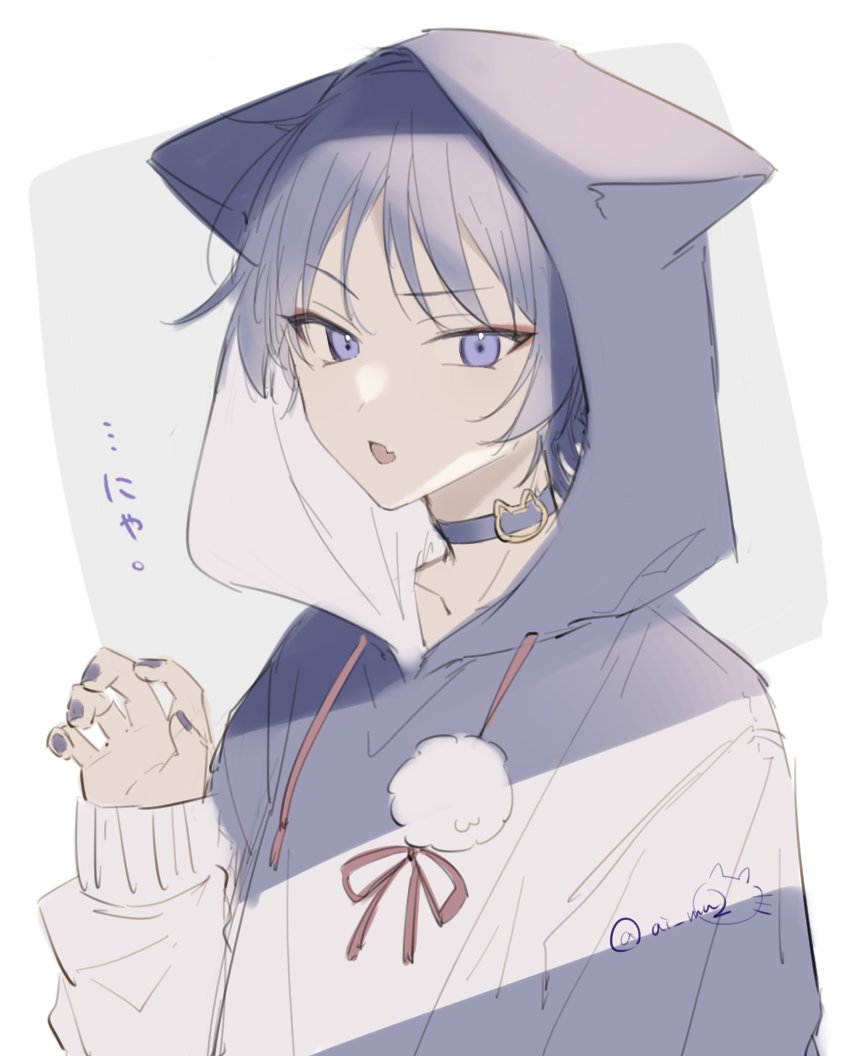 1boy ai_mu2 alternate_costume animal_ears artist_name blunt_ends border bow cat_boy cat_ears choker collarbone eyeshadow fang fingernails genshin_impact grey_background hand_up hood hoodie long_sleeves looking_at_viewer makeup male_focus nail_polish open_mouth outside_border parted_bangs pom_pom_(clothes) puffy_long_sleeves puffy_sleeves purple_choker purple_hair purple_hoodie purple_nails red_bow red_eyeshadow scaramouche_(genshin_impact) short_hair simple_background skin_fang solo tongue two-tone_hoodie upper_body violet_eyes white_border white_hoodie