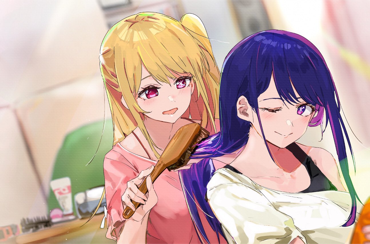 2girls black_tank_top blonde_hair blurry blurry_background blush brushing_hair closed_mouth collarbone commentary frilled_shirt frills funi_mu9 hair_between_eyes hair_brush hoshino_ai_(oshi_no_ko) hoshino_ruby light_particles long_hair looking_at_viewer mismatched_pupils mother_and_daughter multiple_girls off_shoulder one_eye_closed one_side_up open_mouth oshi_no_ko parted_bangs pink_eyes pink_shirt purple_hair shirt short_sleeves sidelocks single_off_shoulder smile spaghetti_strap star-shaped_pupils star_(symbol) symbol-shaped_pupils tank_top upper_body violet_eyes white_shirt