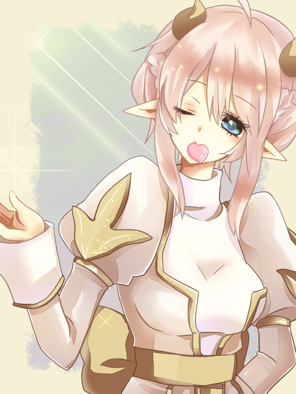 1girl alternate_color blue_eyes blush braid breasts brown_horns candy_heart commentary_request curled_horns dress eyelashes french_braid hair_between_eyes high_priest_(ragnarok_online) horns juliet_sleeves kirika_(nutsmoon) long_sleeves looking_at_viewer medium_bangs medium_breasts medium_hair mouth_hold one_eye_closed pink_hair pointy_ears puffy_sleeves ragnarok_online sash sidelocks solo upper_body white_dress yellow_sash