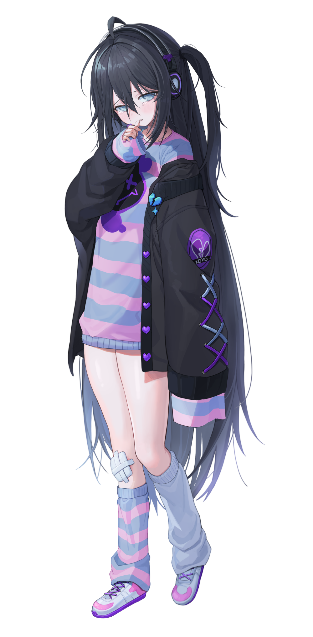 1girl ahoge bandaid bandaid_on_knee bandaid_on_leg black_hair black_headphones black_jacket blue_eyes blue_sweater commentary dress full_body hair_between_eyes hand_up highres jacket leg_warmers lerome light_blush long_hair looking_at_viewer official_art one_side_up open_clothes open_jacket otonashi_ikuko_(riichi_city) parted_lips pink_sweater riichi_city shoes sidelocks simple_background sleeves_past_fingers sleeves_past_wrists solo striped striped_sweater sweater sweater_dress tearing_up two-tone_sweater very_long_hair white_background white_footwear