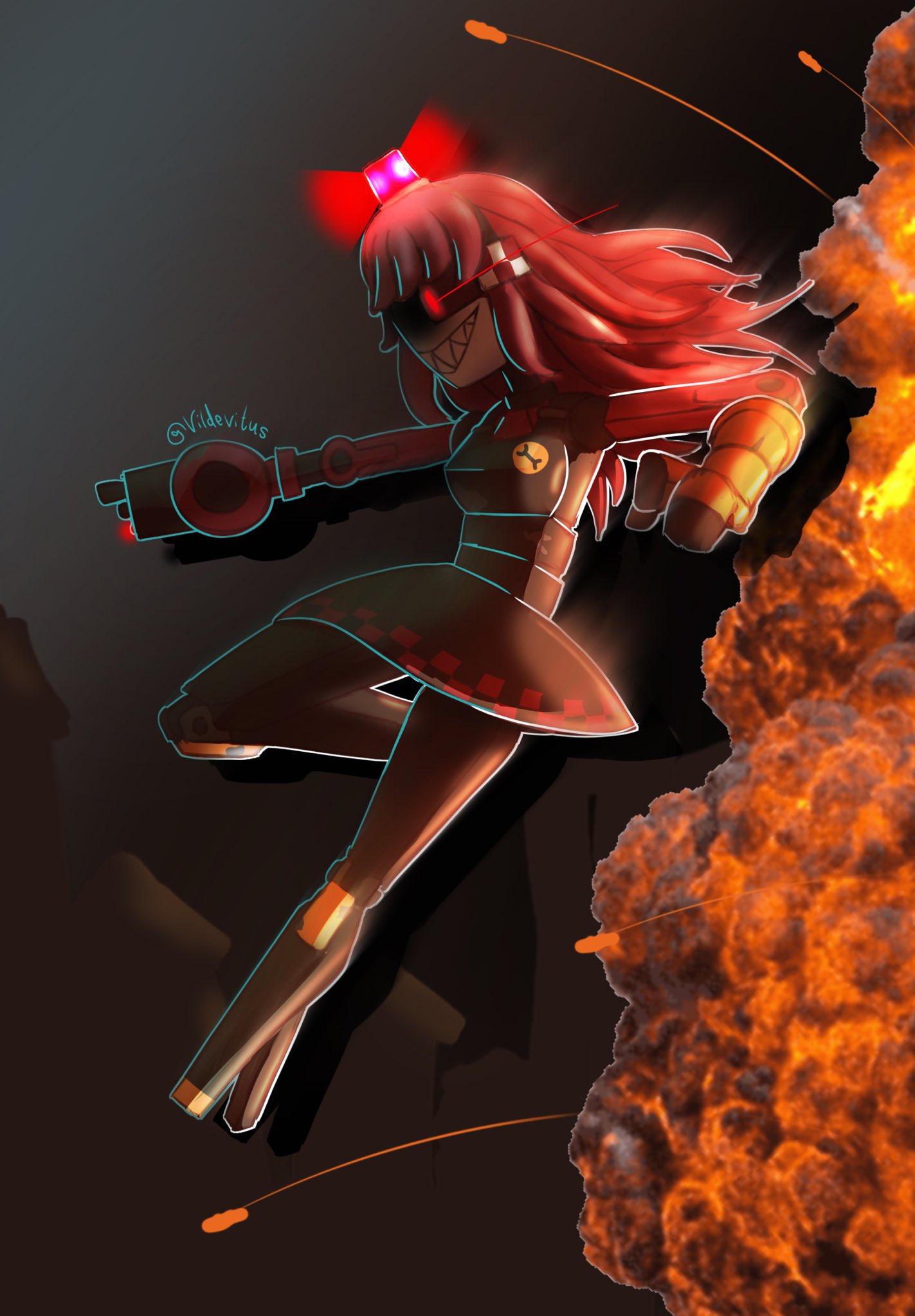 1girl aiming alarm_siren arm_cannon artist_name black_background black_dress borrowed_character checkered_trim commentary dress english_commentary explosion eye_trail fewer_digits glowing glowing_eyes grin highres joints light_trail long_hair midair mimi-sentry no_feet original personification red_eyes redhead robot robot_girl robot_joints shaded_face sharp_teeth simple_background smile solo team_fortress_2 teeth twitter_username vildevitus weapon wrench