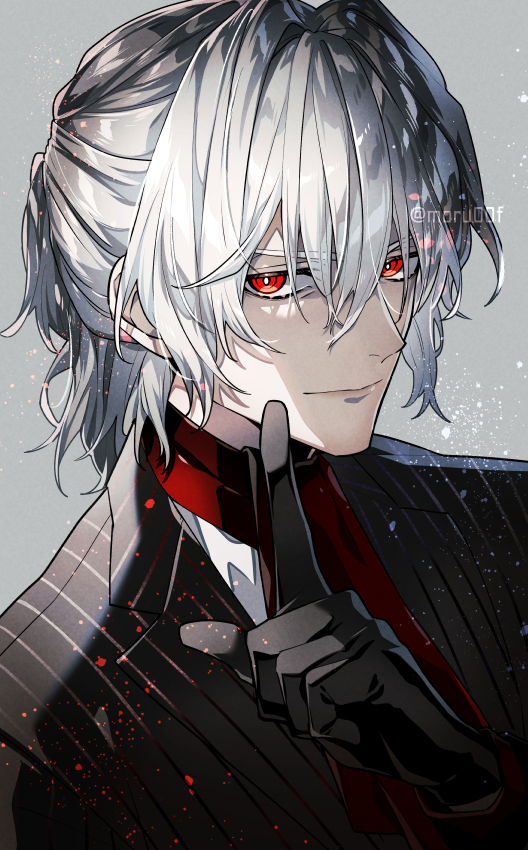 1boy antonio_salieri_(second_ascension)_(fate) ascot black_gloves black_suit fate/grand_order fate_(series) formal gloves hair_between_eyes index_finger_raised long_hair long_sleeves looking_at_viewer male_focus moru pinstripe_pattern pinstripe_suit red_ascot red_eyes simple_background smile solo striped suit upper_body white_background white_hair