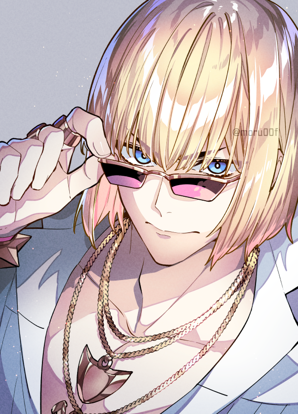 1boy adjusting_eyewear artist_name blonde_hair blue_eyes bob_cut fate/grand_order fate_(series) jewelry looking_at_viewer male_focus moru muscular muscular_male necklace pectoral_cleavage pectorals ring sakata_kintoki_(fate) shirt short_hair simple_background solo sunglasses upper_body white_background white_shirt