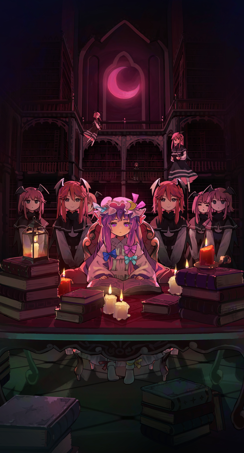 6+girls :&lt; bat_wings blue_bow book book_stack bow candle commentary_request crescent crescent_hat_ornament fire flame full_body grey_eyes hair_between_eyes hair_bow hair_ribbon hat hat_ornament head_wings highres holding holding_book indoors koakuma library light_blush looking_at_viewer midair mob_cap multiple_girls open_book patchouli_knowledge purple_hair redhead ribbon sitting smile straight-on syuri22 tile_floor tiles touhou tress_ribbon v_arms violet_eyes wings
