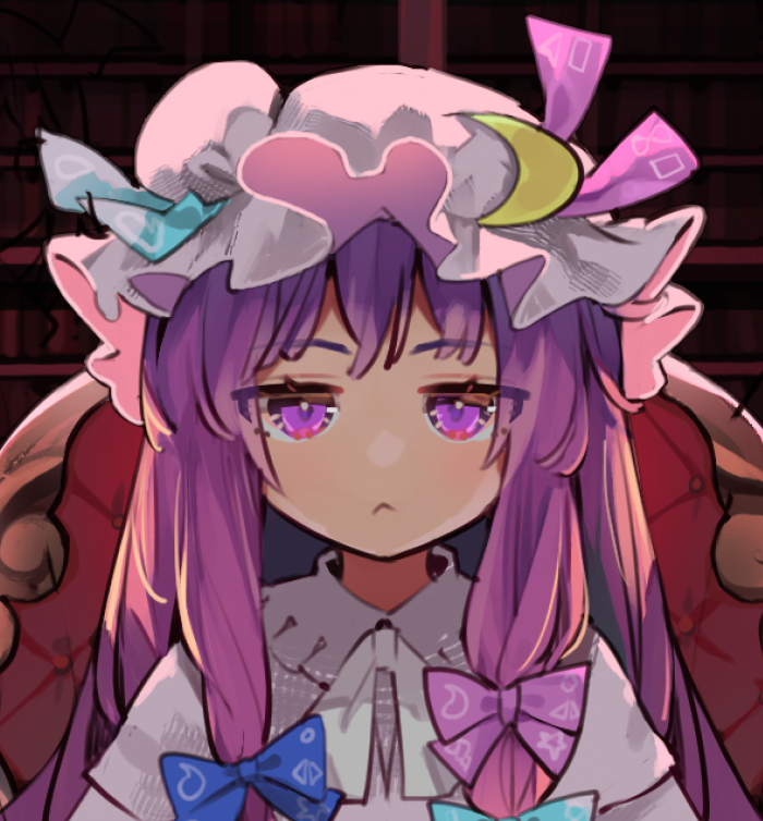 2girls :&lt; chair closed_mouth commentary_request crescent crescent_hat_ornament expressionless eyes_visible_through_hair hat hat_ornament indoors jitome koakuma light_blush long_hair looking_at_viewer mob_cap multiple_girls patchouli_knowledge purple_hair solo_focus straight-on syuri22 touhou violet_eyes