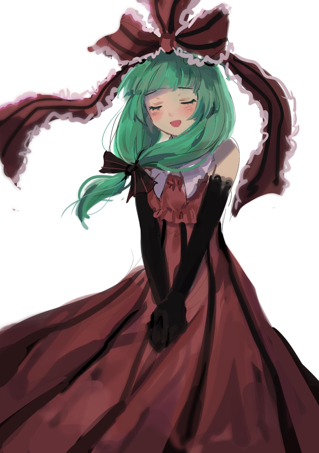 1girl :d black_bow black_gloves bow closed_eyes dress elbow_gloves facing_viewer frilled_ribbon frills front_ponytail gloves green_hair hair_bow hair_ribbon highres himuhino kagiyama_hina long_hair mountain_of_faith open_mouth own_hands_together red_dress red_ribbon ribbon simple_background skirt smile solo striped striped_skirt touhou vertical-striped_skirt vertical_stripes white_background