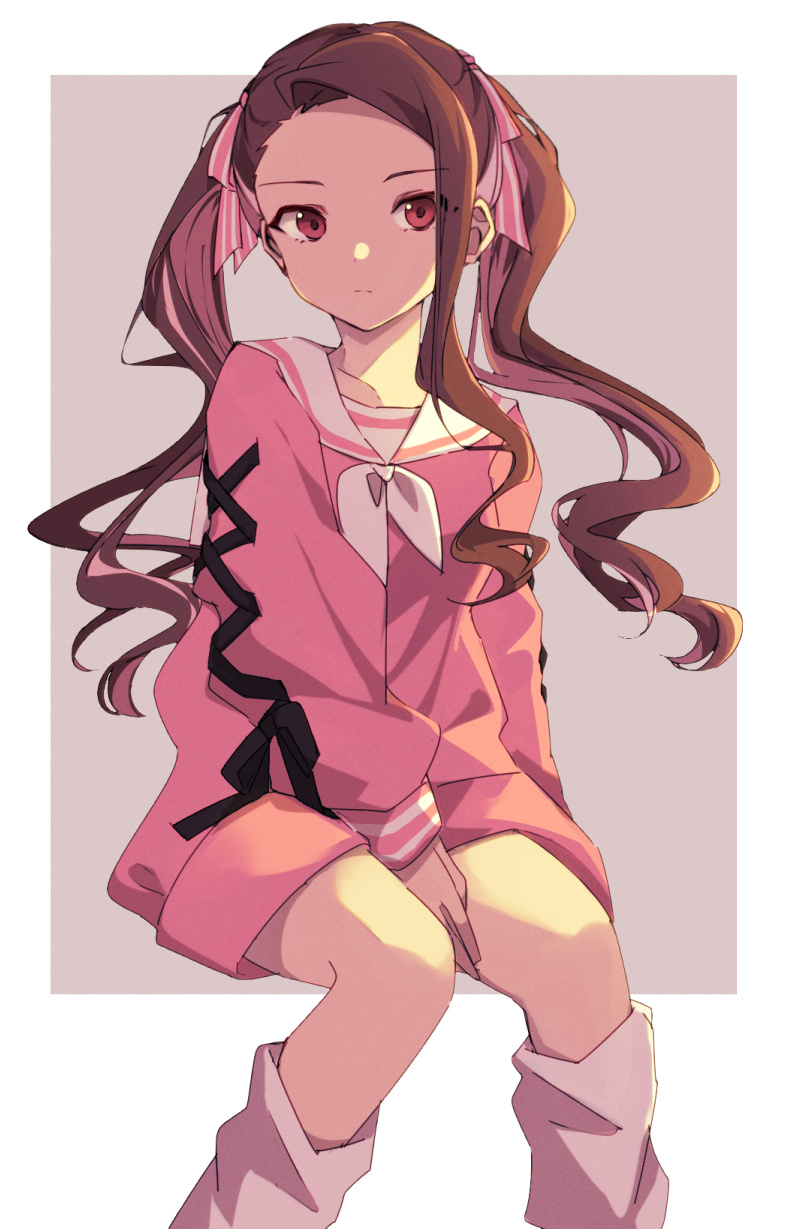 1girl alternate_hairstyle arm_between_legs bow breasts brown_eyes brown_hair closed_mouth collarbone dot_nose dress grey_background grid_background hair_bow hair_ribbon highres idolmaster idolmaster_(classic) idolmaster_million_live! idolmaster_million_live!_theater_days invisible_chair long_hair long_sleeves looking_at_viewer loose_socks maa_(io_215) minase_iori neckerchief pink_dress pink_ribbon red_eyes ribbon sailor_collar simple_background sitting small_breasts socks solo twintails two-tone_background white_background white_neckerchief white_sailor_collar white_socks