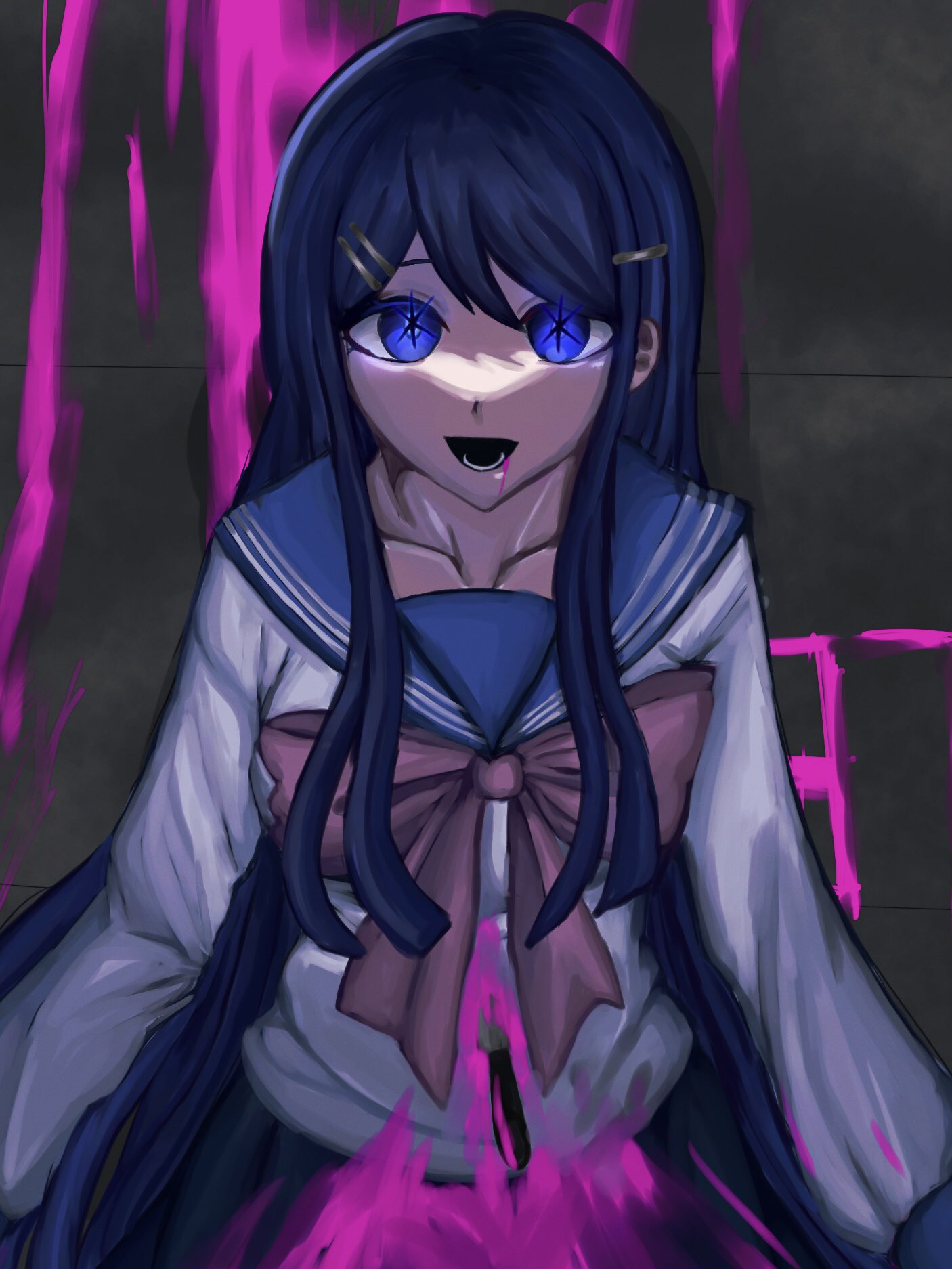 1girl :d blood blood_from_mouth blue_eyes blue_hair blue_sailor_collar blue_skirt bow bowtie breasts collarbone danganronpa:_trigger_happy_havoc danganronpa_(series) grey_shirt hair_ornament hairclip highres hinaaaa_1003 large_breasts long_hair long_sleeves looking_at_viewer maizono_sayaka pink_blood pink_bow pink_bowtie pleated_skirt sailor_collar shirt sitting skirt smile solo