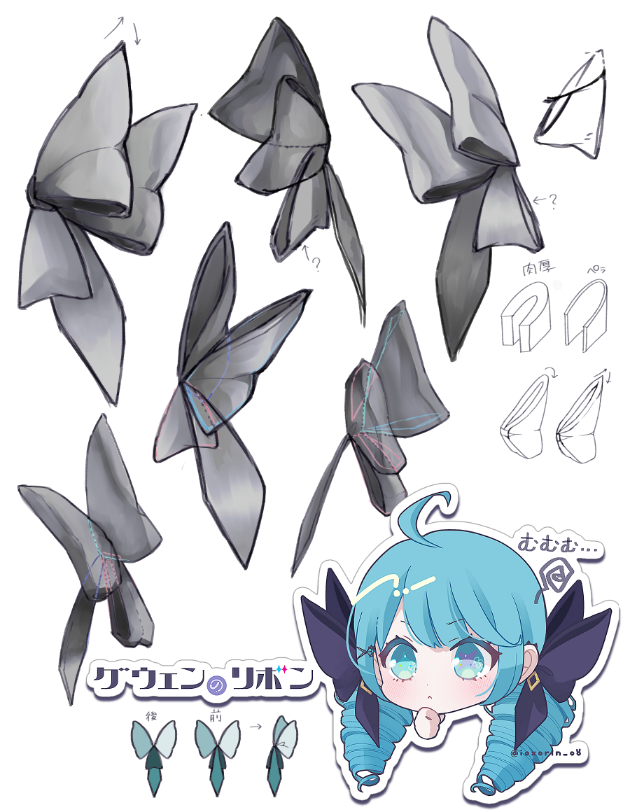 1girl ahoge black_bow bow chibi cropped_head drill_hair green_eyes green_hair gwen_(league_of_legends) hair_bow hair_ornament iorisu league_of_legends long_hair low_twintails solo thinking translation_request twin_drills twintails