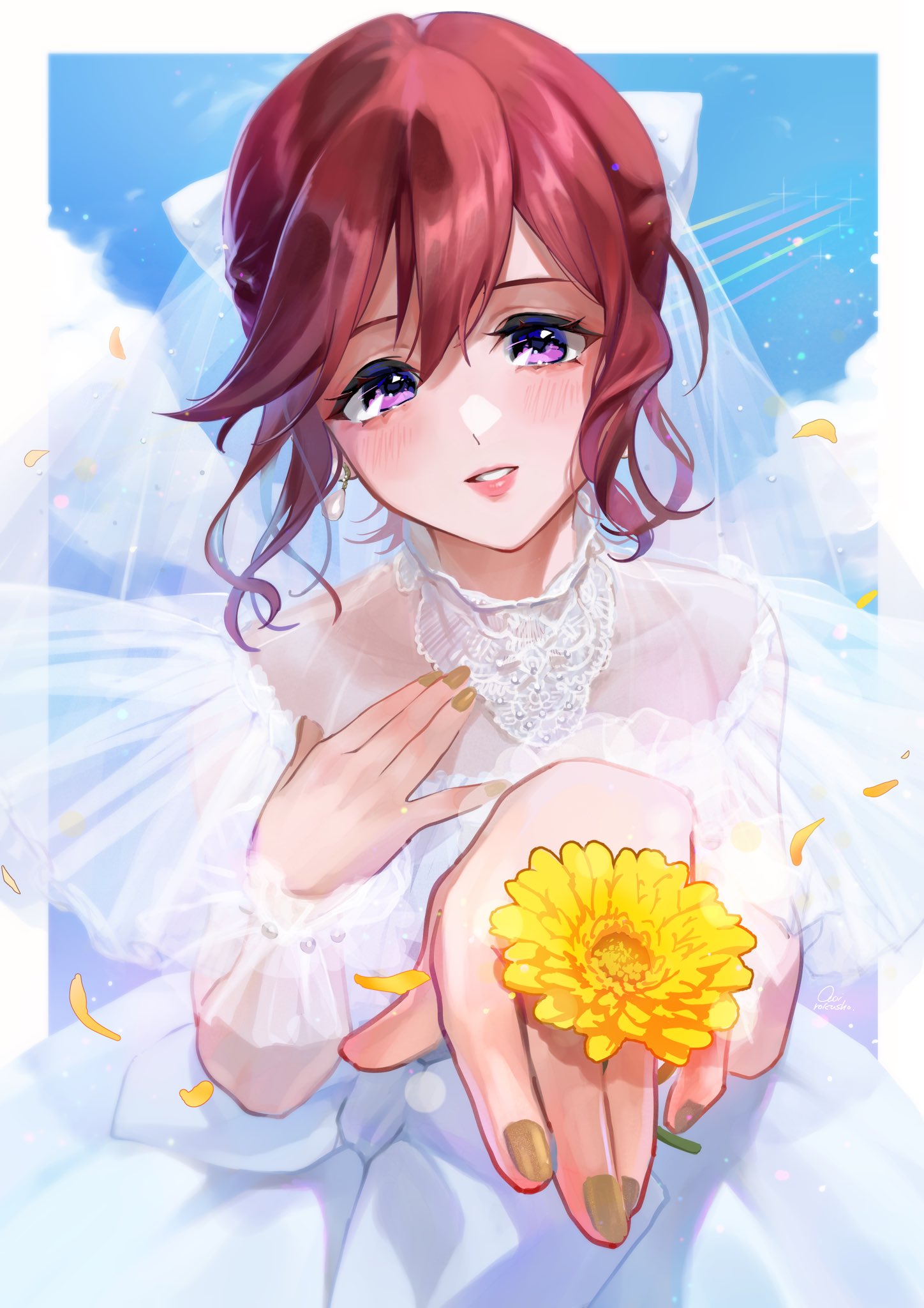 1girl aoi_rokushou blush border bow bridal_veil brown_nails clouds contrail dress earrings floating_hair flower flower_ring foreshortening hair_bow hand_on_own_chest head_tilt highres jewelry kaname_buccaneer looking_at_viewer macross macross_delta outside_border parted_lips ring sky smile solo veil violet_eyes wedding_dress white_border white_bow yellow_flower