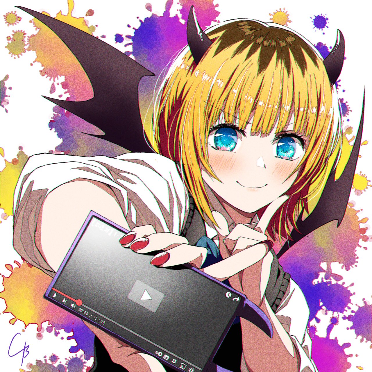 4b-enpitsu :3 black_sweater_vest blonde_hair blue_bow blue_bowtie blue_eyes blush bow bowtie cellphone chromatic_aberration collared_shirt commentary demon_horns demon_wings film_grain finger_to_cheek highres holding holding_phone horns looking_at_viewer medium_hair memcho nail_polish no_pupils oshi_no_ko phone red_nails shirt signature smartphone smile sweater_vest upper_body white_shirt wings
