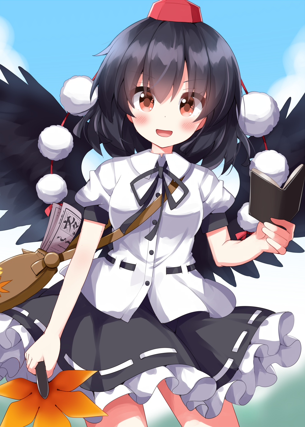 1girl bird_wings black_hair black_skirt black_wings blush book buttons collared_shirt cowboy_shot feathered_wings frilled_skirt frills hair_between_eyes hand_fan hat hauchiwa highres holding holding_book holding_fan looking_at_viewer open_mouth pom_pom_(clothes) puffy_short_sleeves puffy_sleeves red_eyes red_headwear ruu_(tksymkw) shameimaru_aya shirt short_hair short_sleeves skirt smile solo tokin_hat touhou white_shirt wings