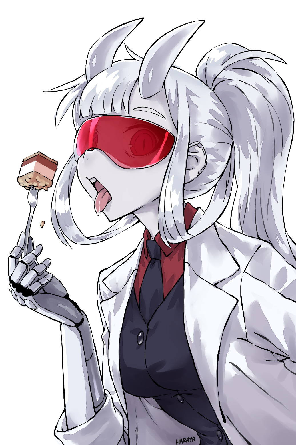 1girl artist_name black_necktie black_vest blunt_bangs breasts cake coat colored_skin commentary commentary_request demon_girl demon_horns dress_shirt eating english_commentary english_text food fork hair_rings haraya_manawari helltaker high_ponytail highres holding holding_cake holding_food holding_fork horns lab_coat large_breasts long_hair looking_at_viewer looking_to_the_side loremaster_(helltaker) mechanical_arms necktie open_mouth pale_skin ponytail portal_(series) red-tinted_eyewear red_eyes red_shirt ringed_eyes saliva shirt sidelocks signature simple_background single_mechanical_arm slit_pupils solo teeth textless_version tinted_eyewear tongue tongue_out upper_body upper_teeth_only vest white_background white_coat white_hair white_horns white_skin