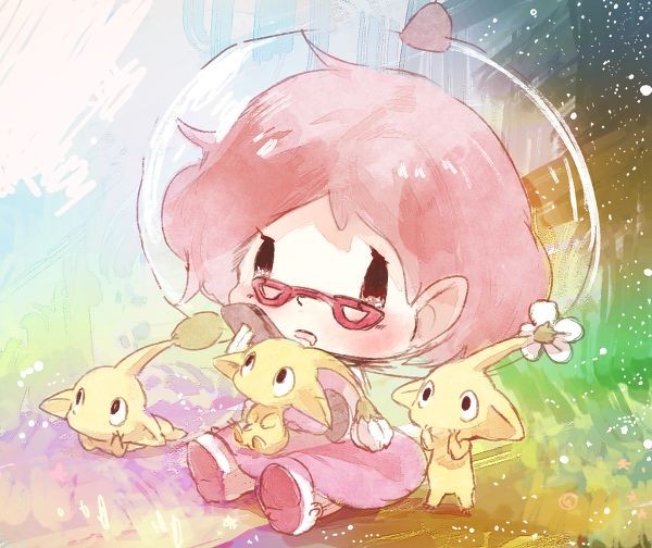 1girl alien b_spa_gyoreva bad_id bad_pixiv_id blush brittany_(pikmin) bud check_commentary commentary commentary_request flower glass gloves hands_on_own_face helmet leaf pikmin_(series) pink-framed_eyewear pink_gloves pink_hair pink_skirt pointy_ears shady_eyes short_hair sitting sitting_on_lap sitting_on_person skirt space_helmet spacesuit tiny triangular_eyewear whistle white_flower yellow_pikmin