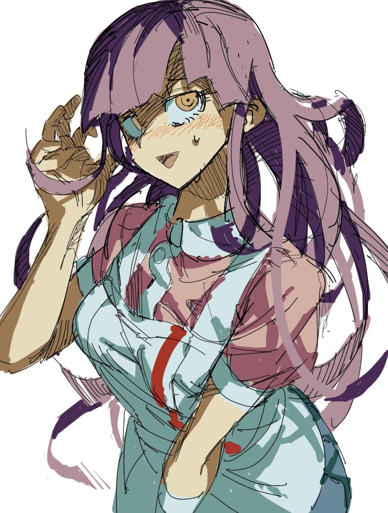 1girl :d apron blush breasts brown_eyes collared_shirt cowboy_shot danganronpa_(series) danganronpa_2:_goodbye_despair grey_apron hand_up large_breasts long_hair open_mouth pink_hair pink_shirt pure_to_ma shirt simple_background skirt smile solo sweatdrop tsumiki_mikan two-tone_shirt white_background