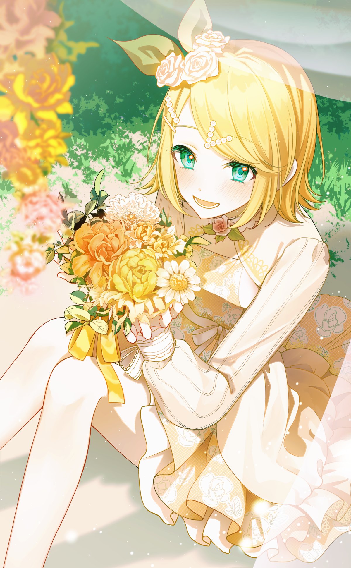 1girl :d aqua_eyes bouquet cocktail_dress colored_eyelashes commentary dress feet_out_of_frame flower from_above grass hair_flower hair_ornament hairpin highres holding holding_bouquet kagamine_rin knees_up light_blush liso long_sleeves looking_at_viewer lower_teeth_only official_alternate_costume on_ground open_mouth orange_dress orange_flower outdoors parted_bangs pearl_hair_ornament pink_flower project_sekai ribbon short_hair shrug_(clothing) sitting smile solo teeth tonari_ni_tatsu_yasashii_anata_e_(project_sekai) vocaloid white_flower yellow_flower yellow_ribbon yellow_theme