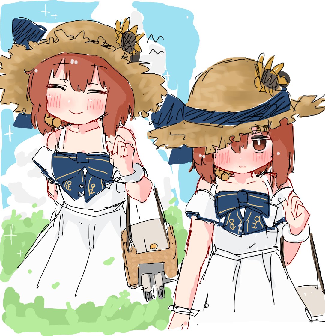 1girl adapted_turret bag blue_bow bow brown_eyes brown_hair brown_headwear cannon closed_eyes dress hat kantai_collection looking_at_viewer multiple_views official_alternate_costume short_hair smile sun_hat sundress turret wateru white_dress yukikaze_(kancolle)