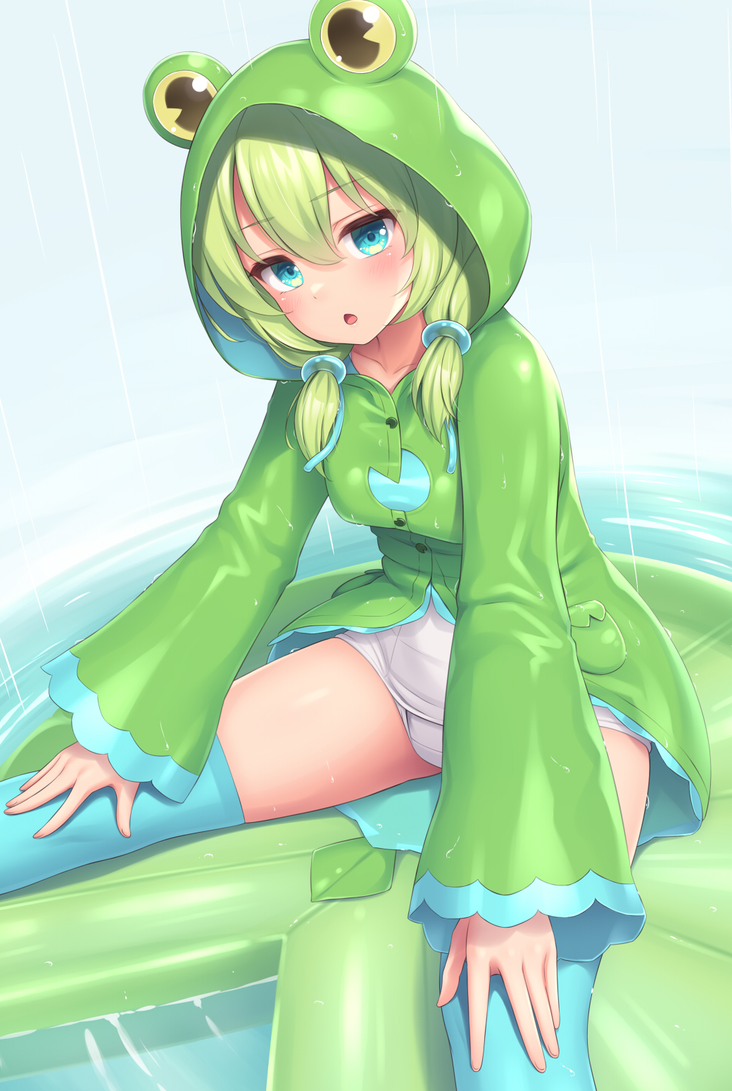 1girl animal_hood blue_eyes blue_thighhighs coat frog_hood frog_raincoat gleam green_coat green_hair hair_ornament hands_on_own_thighs highres hood hood_up kaeru_(sasaame) lily_pad looking_at_viewer medium_hair one-piece_swimsuit open_mouth original rain raincoat sasaame shiny_clothes simple_background sitting solo spread_legs swimsuit thigh-highs twintails water water_drop wet wet_clothes white_one-piece_swimsuit wide_sleeves