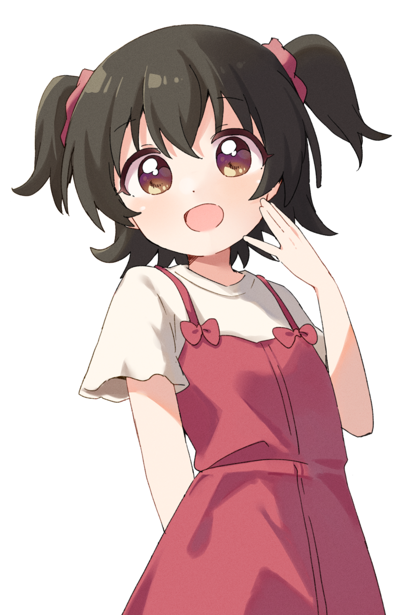akagi_miria arm_behind_back black_hair bow brown_eyes commentary_request cowboy_shot crossed_bangs dress dress_bow female_child hair_between_eyes hand_up haru_(konomi_150) highres idolmaster idolmaster_cinderella_girls open_mouth partial_commentary pinafore_dress red_bow red_dress shirt short_hair short_sleeves simple_background sleeveless sleeveless_dress two_side_up white_background white_shirt
